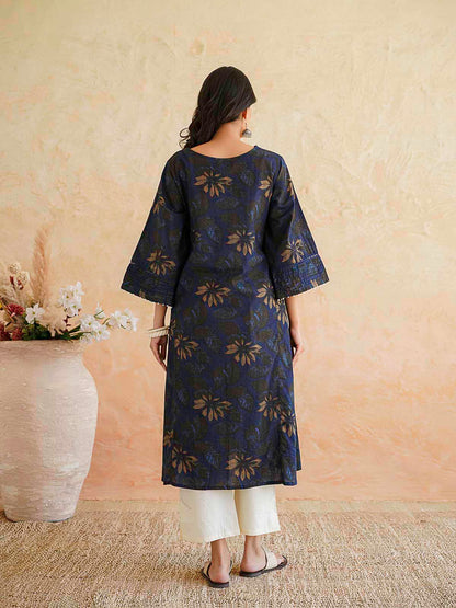 Cotton Printed Ultimate Aline Kurta For Women Dark Blue