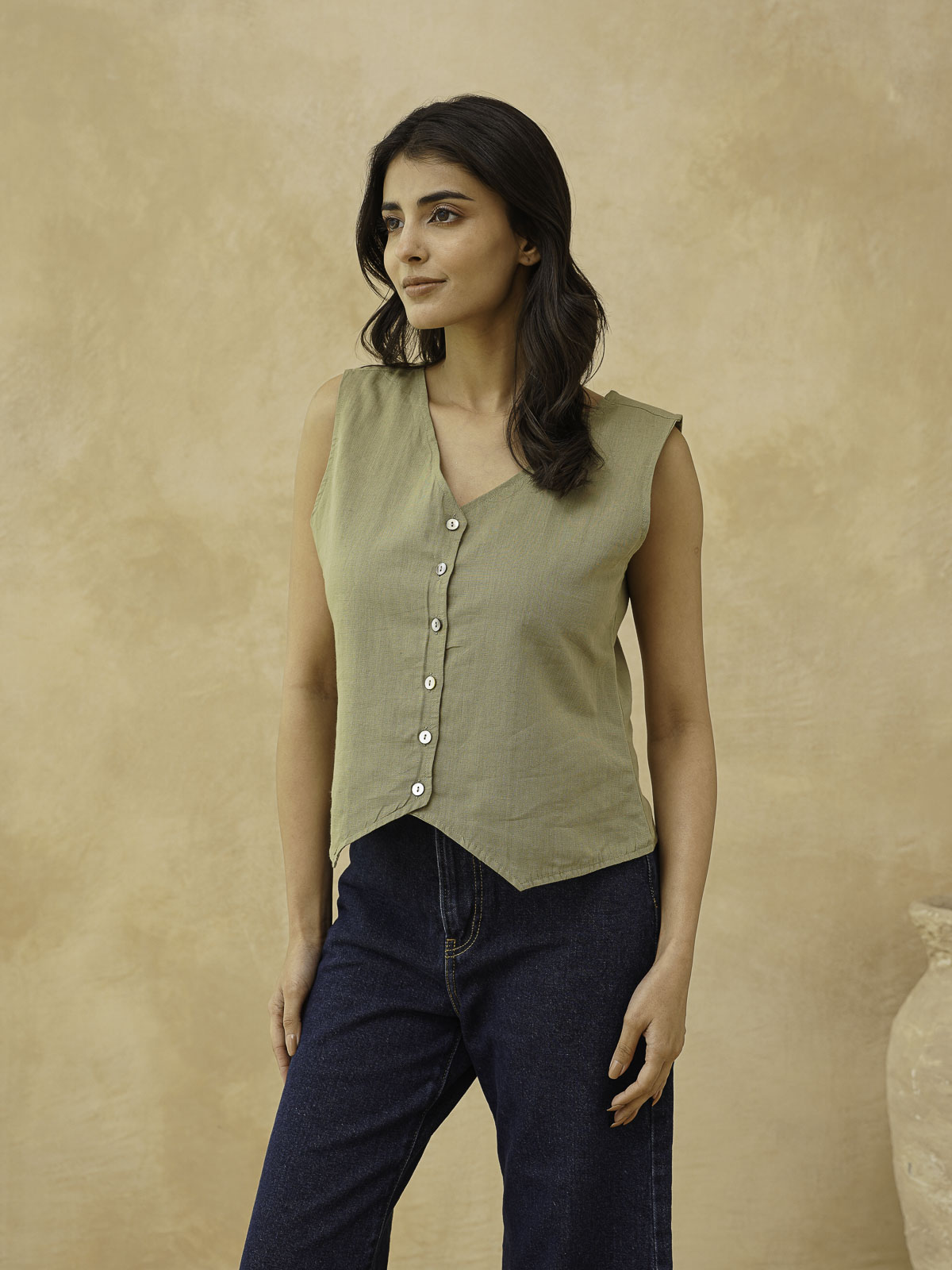 Classic Linen Vest For Women Green