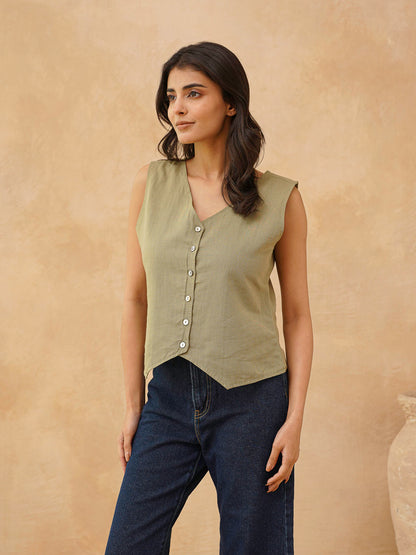 Classic Linen Vest For Women Green