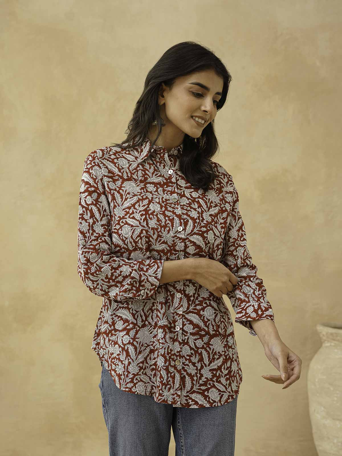 Block Printed Cotton Meher Shirt Red Jaal