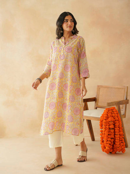Cotton Printed Collar Neck Long Kurti For Women Yellow