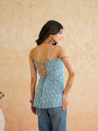 Cotton Sleeveless Strappy Top Sky Blue