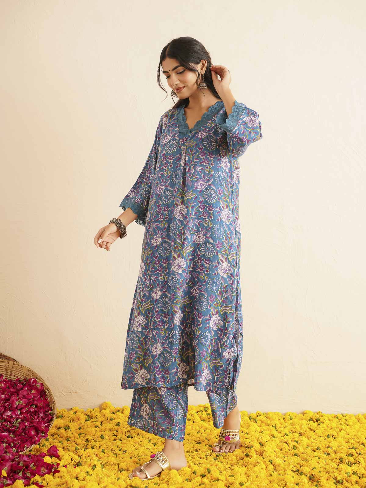 Block Printed Cotton Kurta Pant Bagiya Set Blue Purple
