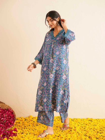 Block Printed Cotton Kurta Pant Bagiya Set Blue Purple