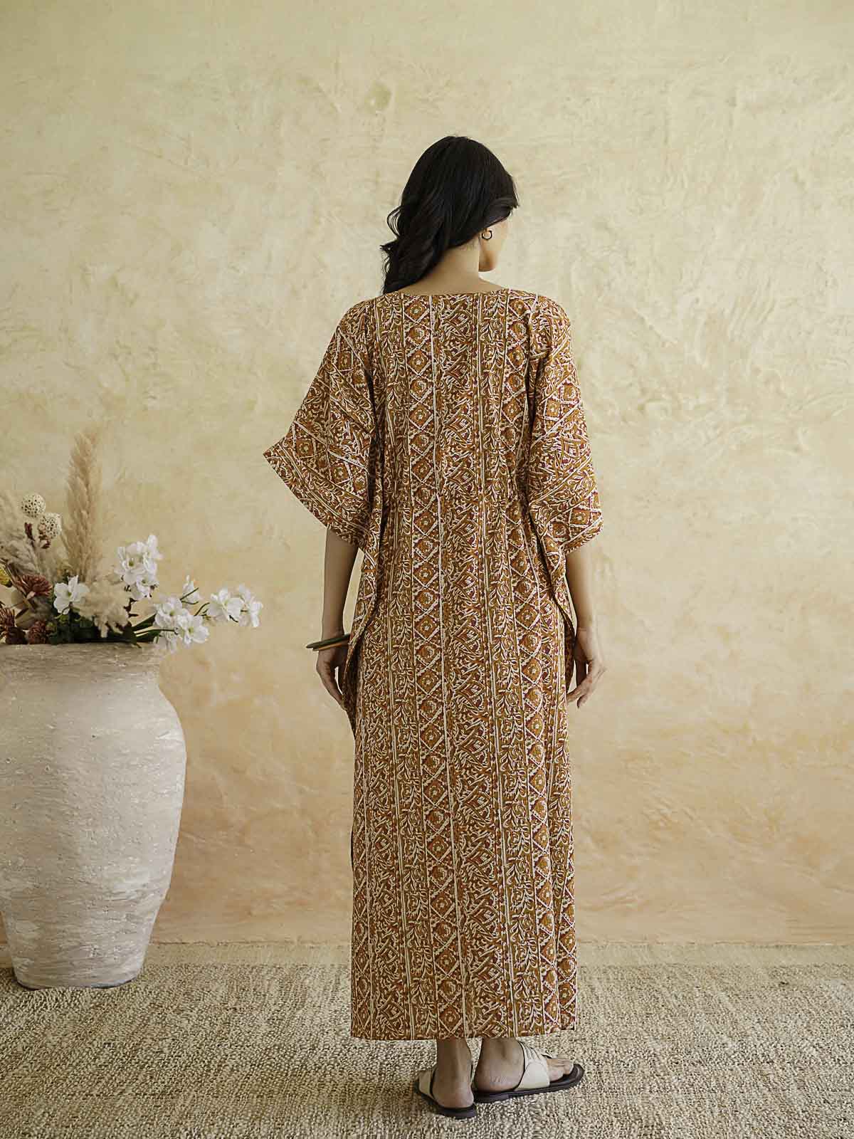 Block-Printed Cotton Long Kaftan Red Patti