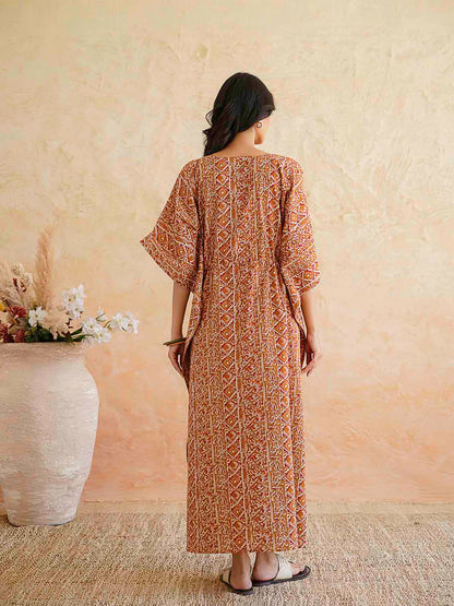 Block-Printed Cotton Long Kaftan Red Patti