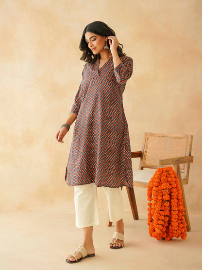 Cotton Printed Straight Kurta Blue Orange