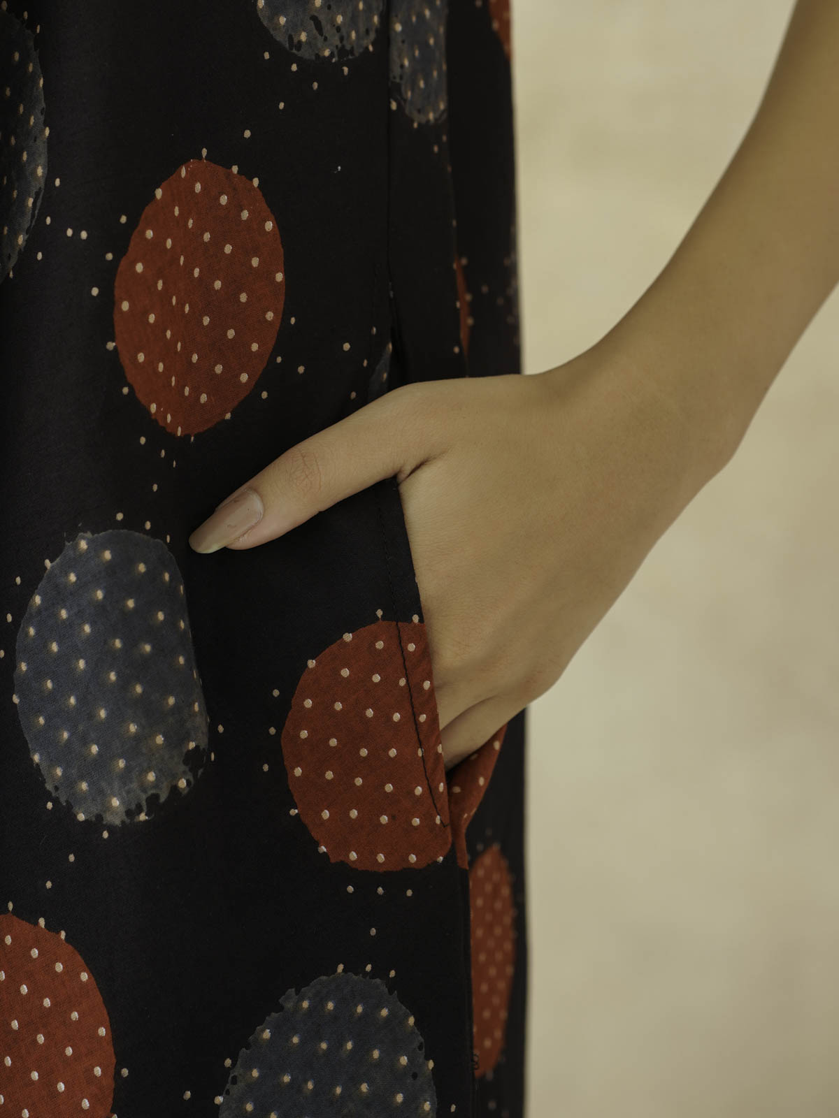 Cotton Printed Aline Moana Dress Black Polka