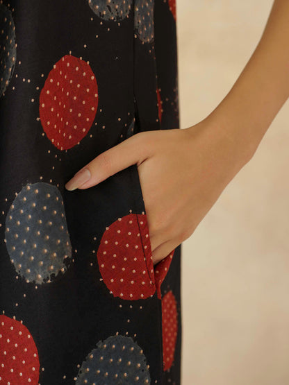 Cotton Printed Aline Moana Dress Black Polka