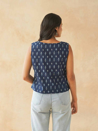 Sleeveless Cotton Block Printed Kothi Top Blue Booty