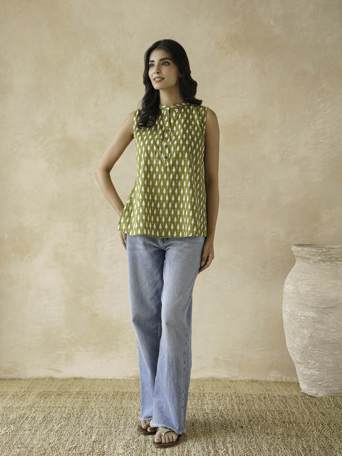 Cotton Printed Sleeveless Tunic Top For Women Green Booty
