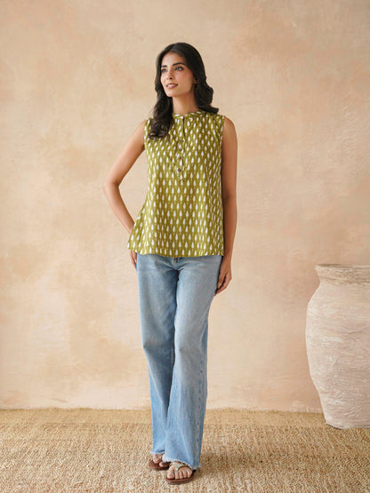 Cotton Printed Sleeveless Tunic Top For Women Green Booty