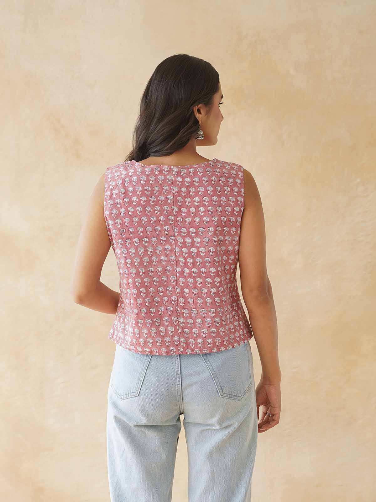 Sleeveless Cotton Block Printed Kothi Top Dusty Pink