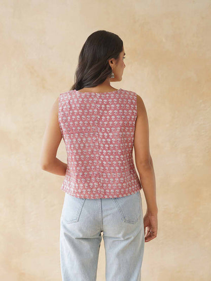 Sleeveless Cotton Block Printed Kothi Top Dusty Pink