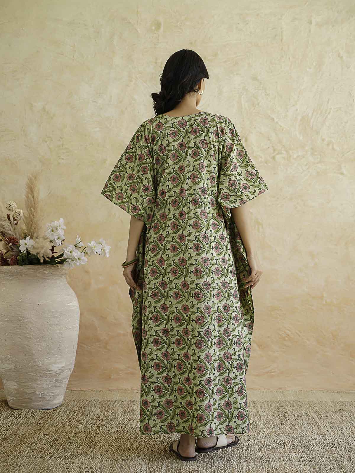 Block-Printed Cotton Long Kaftan Green Jaal