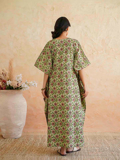 Block-Printed Cotton Long Kaftan Green Jaal