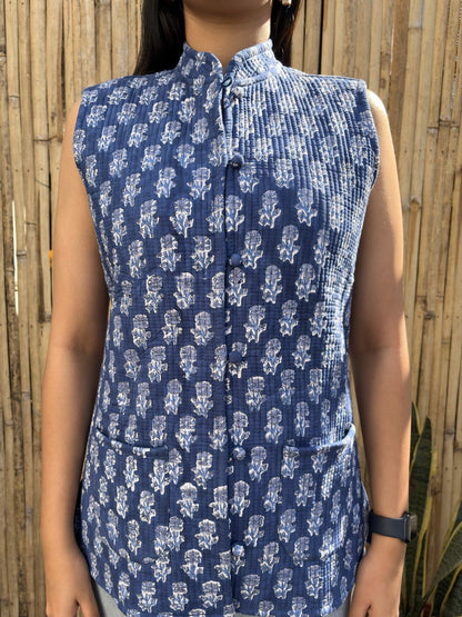 Cotton Printed Sleeveless Quilted Jacket Indigo Booty