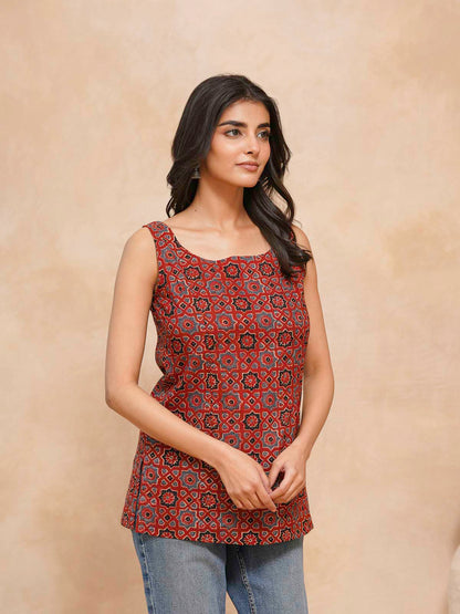 Cotton Printed Stylish Backless Tie-Up Kurti Ajrakh