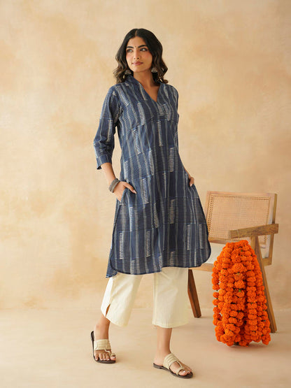 Cotton Printed Straight Kurta Indigo Strp