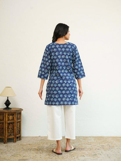 Cotton Printed Kantha Kurta Blue