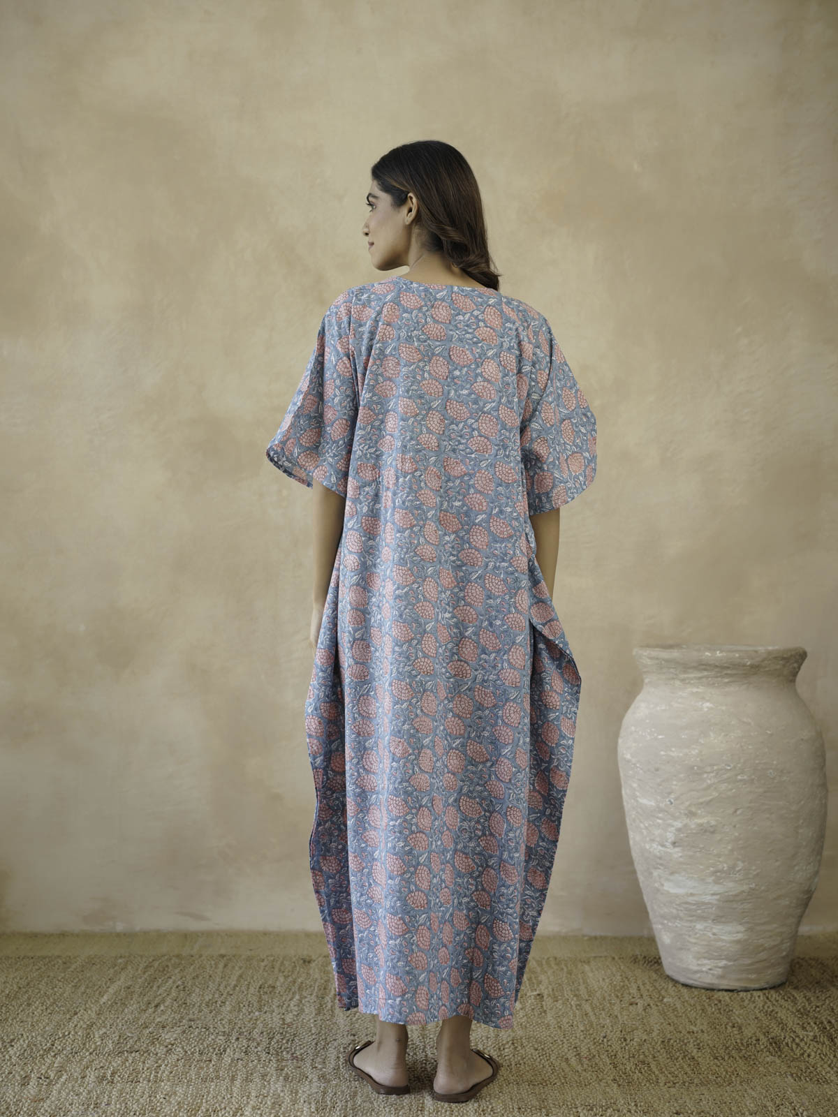 Block-Printed Cotton Long Kaftan Marigold