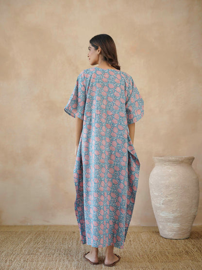 Block-Printed Cotton Long Kaftan Marigold