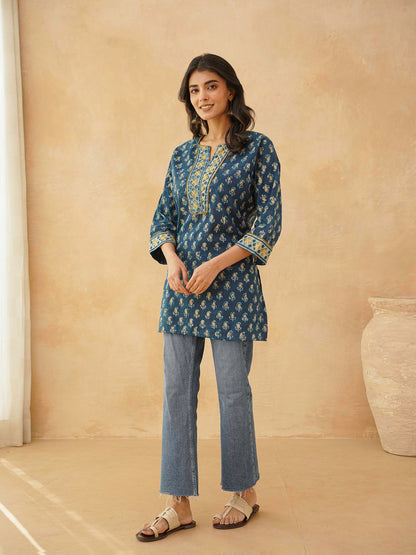 Cotton Printed Sequin Short Kurti For Women Indigo