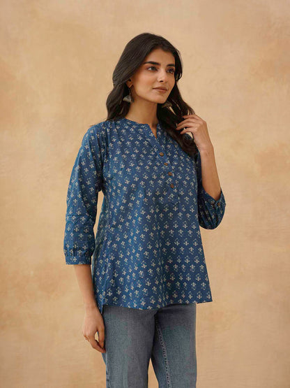 Cotton Printed Everyday Tunic Top For Women Blue Booty