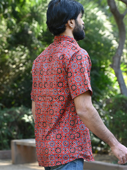 Men's Relaxed Fit Cotton Shirt – Half Sleeves - Red Ajrakh