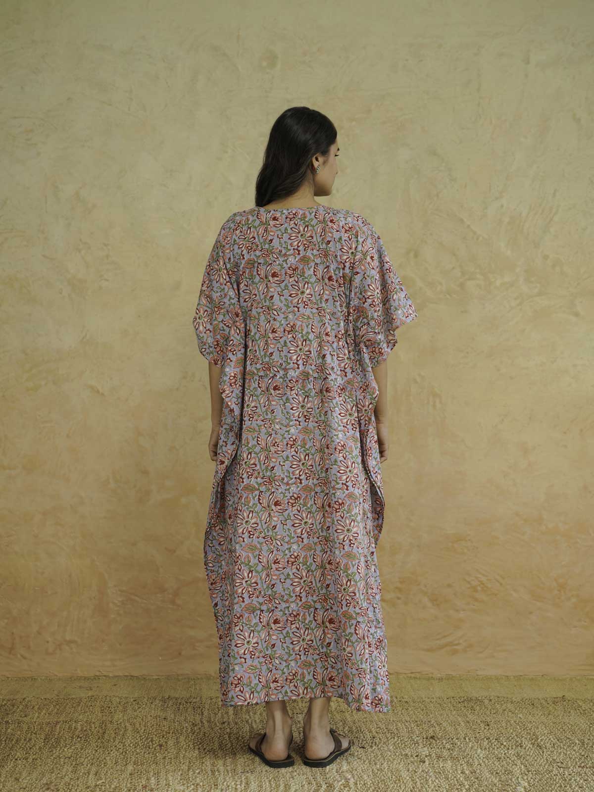 Block-Printed Cotton Long Kaftan Blue Jaal