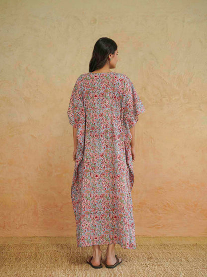 Block-Printed Cotton Long Kaftan Blue Jaal