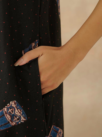 Cotton Printed Aline Moana Dress Black