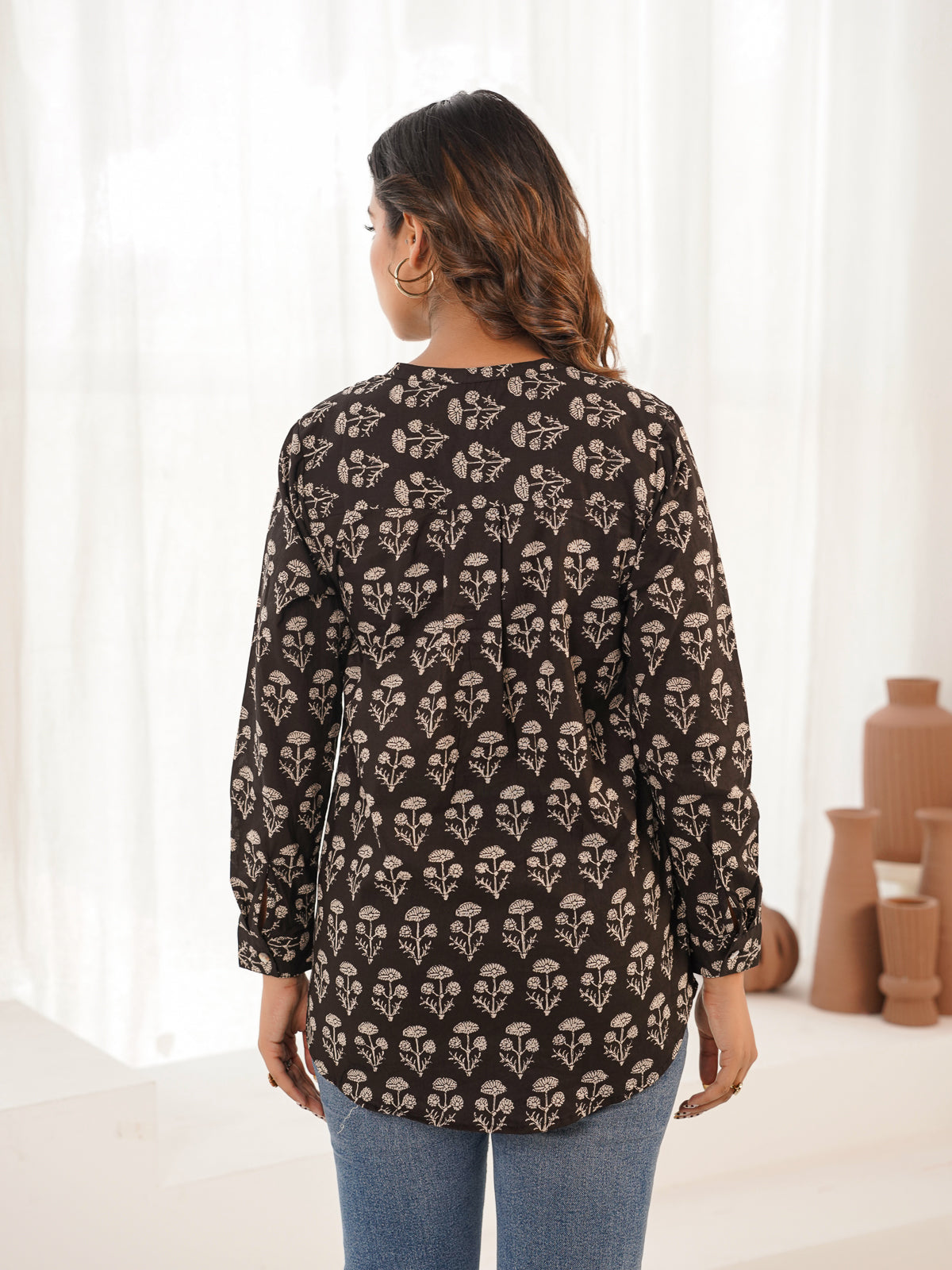 Cotton Printed Top For Women Black