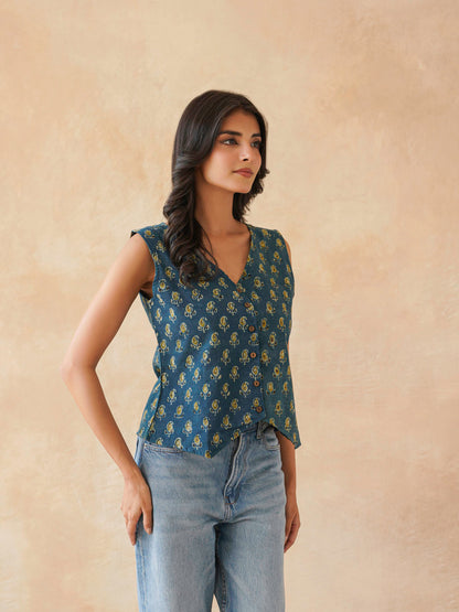 Sleeveless Cotton Block Printed Kothi Top Indigo Booty