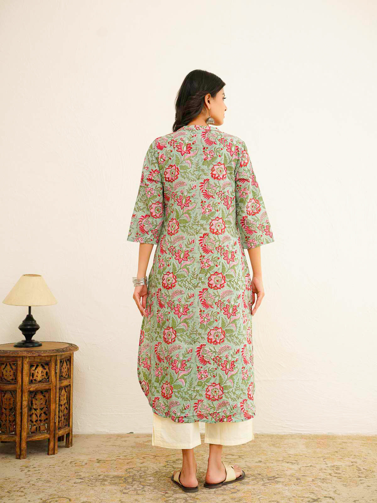 Cotton Pleat Kurta For Women Green Flower