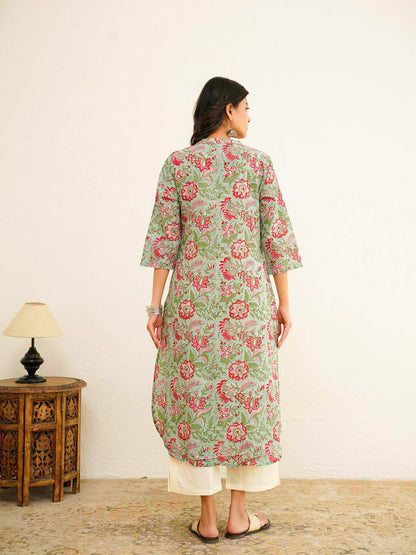 Cotton Pleat Kurta For Women Green Flower