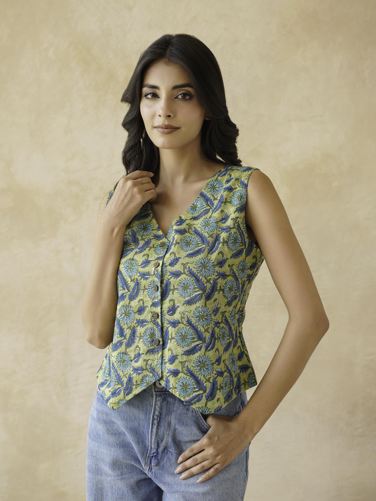 Sleeveless Cotton Block Printed Kothi Top Green Jaal