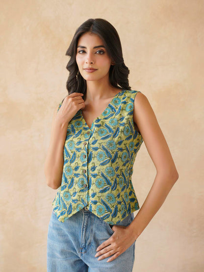 Sleeveless Cotton Block Printed Kothi Top Green Jaal