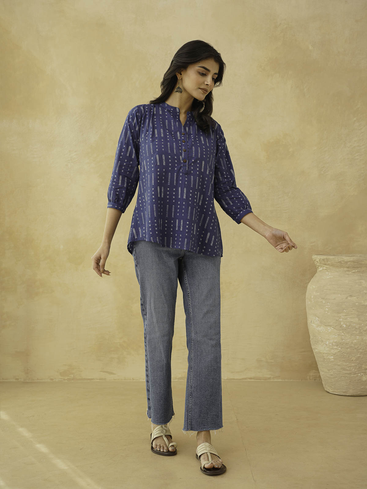 Cotton Printed Everyday Tunic Top For Women Blue Line