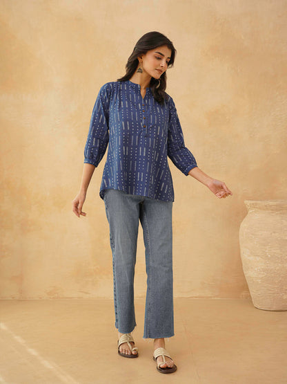 Cotton Printed Everyday Tunic Top For Women Blue Line
