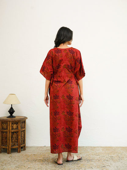 Block-Printed Cotton Long Kaftan Red