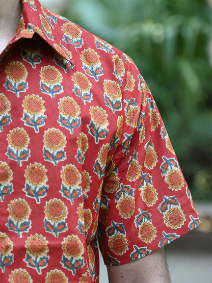 Men's Relaxed Fit Cotton Shirt – Half Sleeves - Red Sunflower