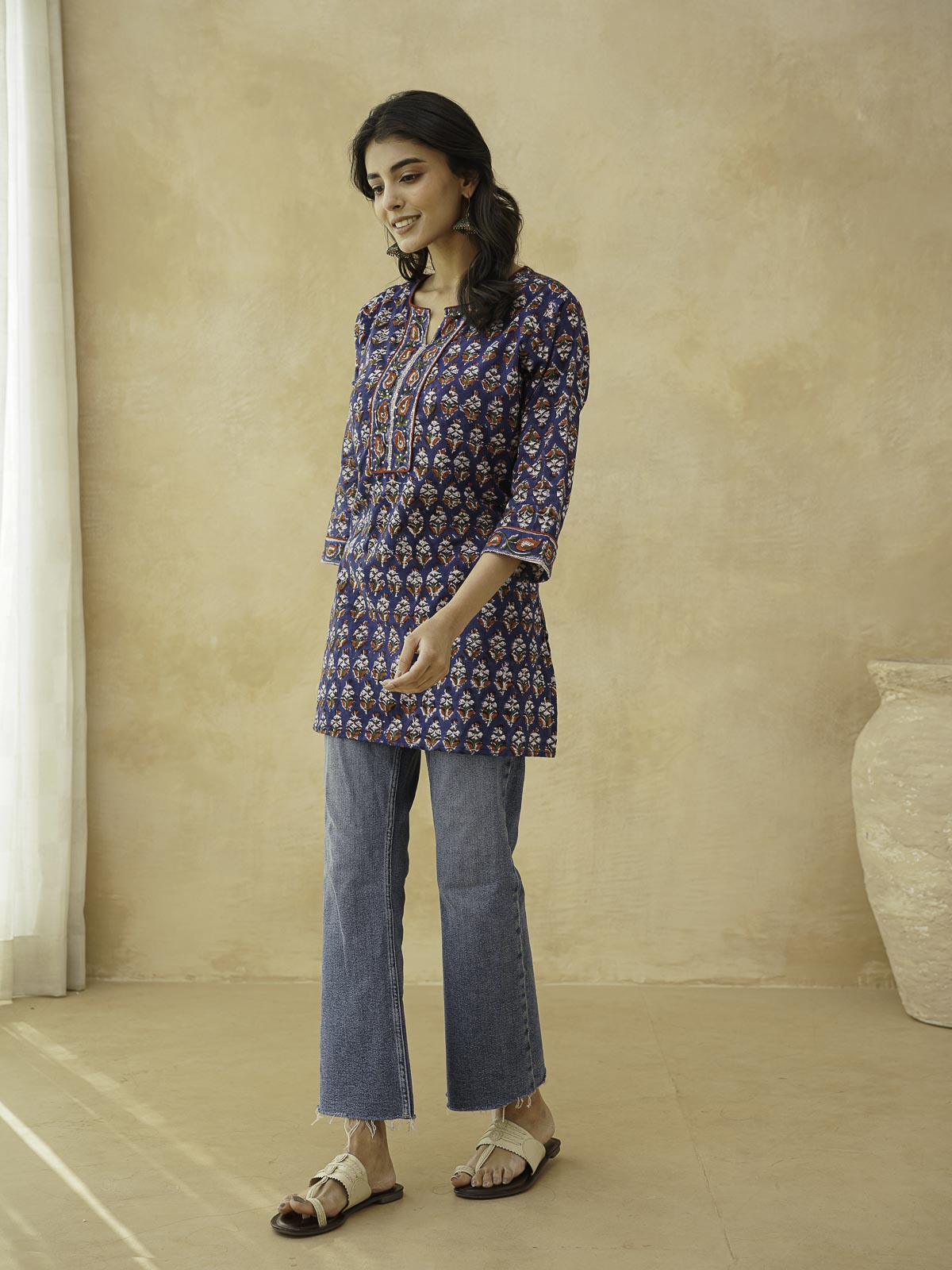 Cotton Printed Sequin Short Kurti For Women Blue