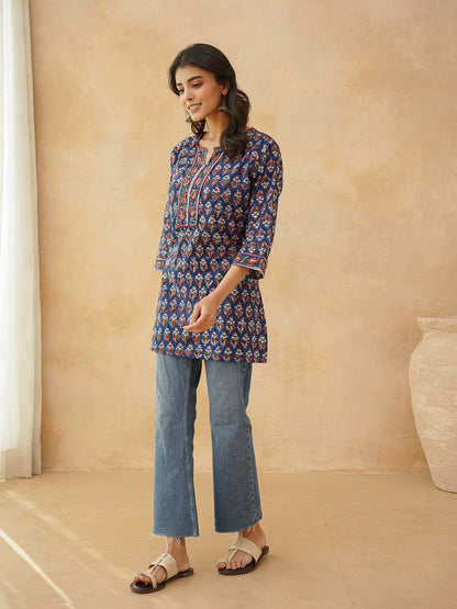 Cotton Printed Sequin Short Kurti For Women Blue