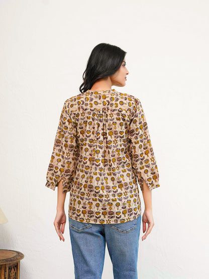 Cotton Printed Everyday Tunic Top For Women Brown