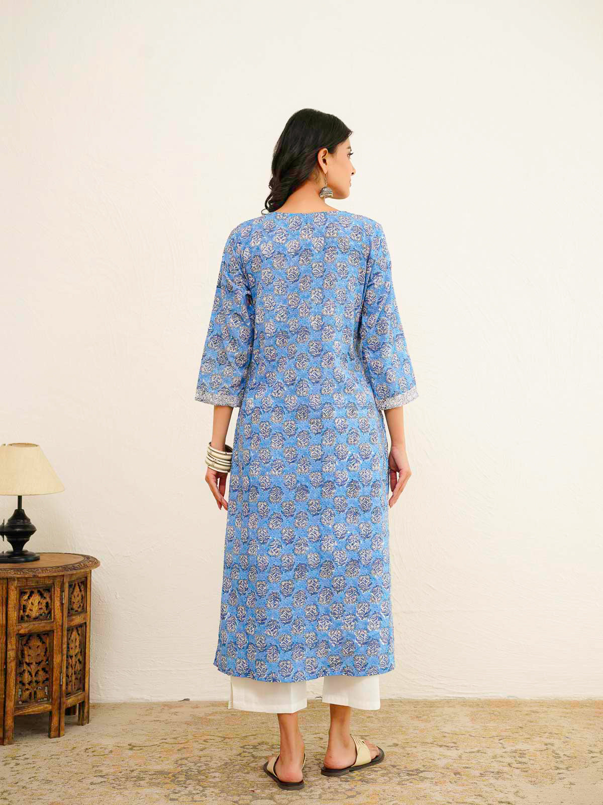 Cotton Block Printed Long Kurta Blue Booty