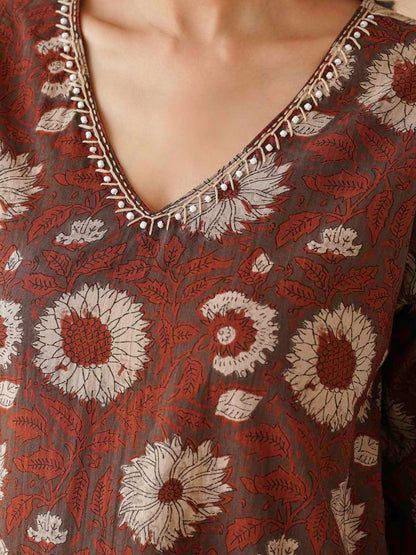 Cotton Printed Ultimate Aline Kurta For Women Red Flower