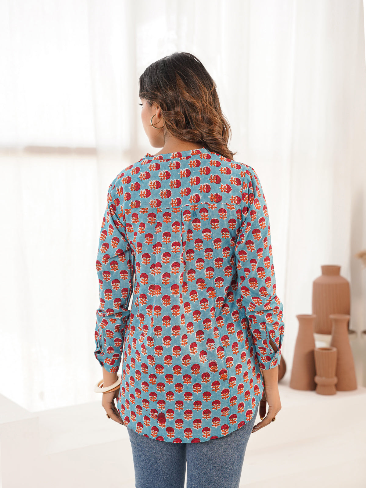 Cotton Printed Top For Women Turquoise
