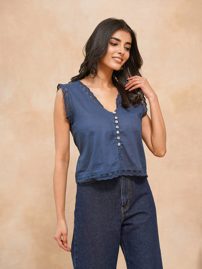 Sleeveless Cotton Printed Daisy Lace Top Blue