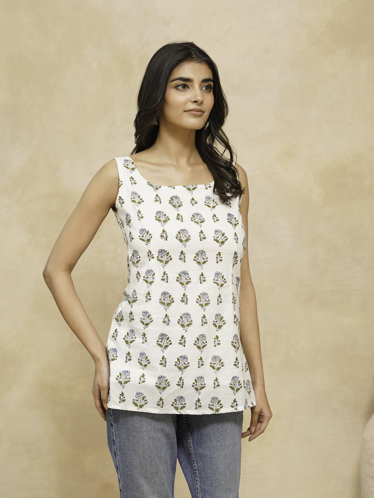 Cotton Printed Stylish Backless Tie-Up Kurti White